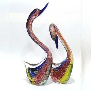 2 Vntg Zane Murano 14 3/4" & 10 1/2" Swan Sculptures Real Silver Flecks 🇮🇹